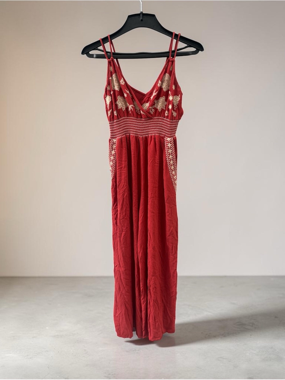 American Eagle Rust Red Embroidered Spaghetti-Strap Romper Size Medium